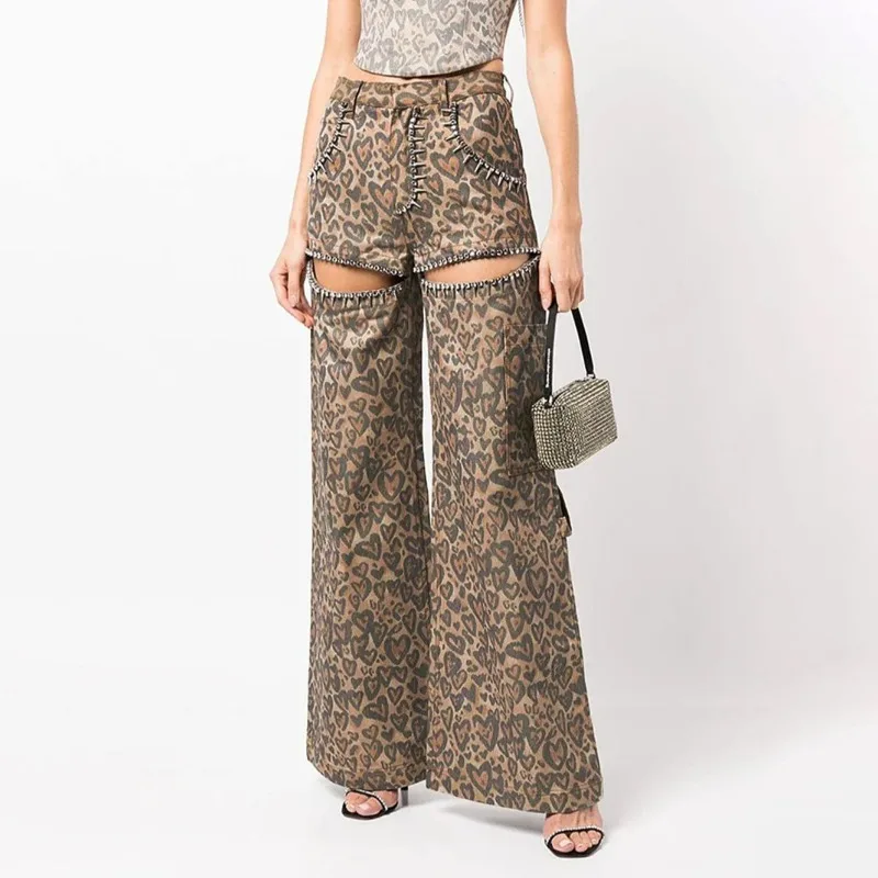 

Lepoard Wide Leg Pants Beading Stright Hollow Holes Rivet Women Summer Spring Y2k Trouser Streetwear Punk Pockets Hip Hop Chic