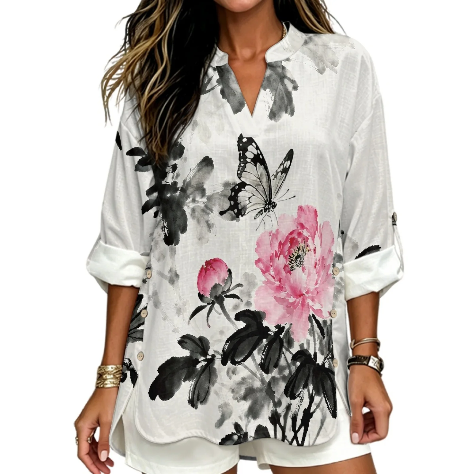PENSTROLL Soft Linen Like Casual Long Sleeve Shirts Trendy Notch V Neck Blouses for Summer Coastal Trips Peony Floral Print