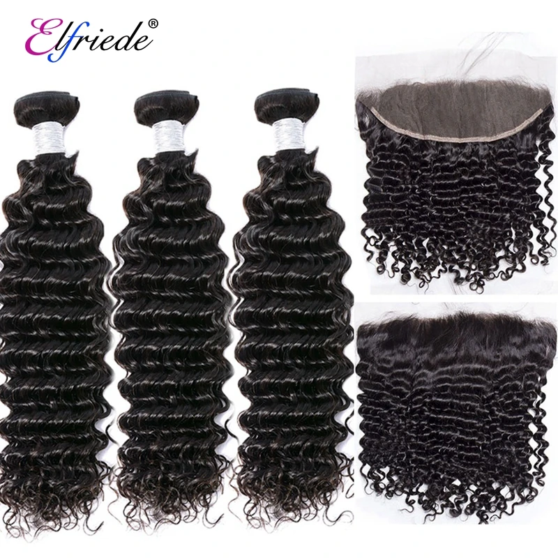 

Elfriede Natural Black Deep Wave Bundles with Frontal Brazilian Remy 100% Human Hair Weaves 3 Bundles with Lace Frontal 13x4