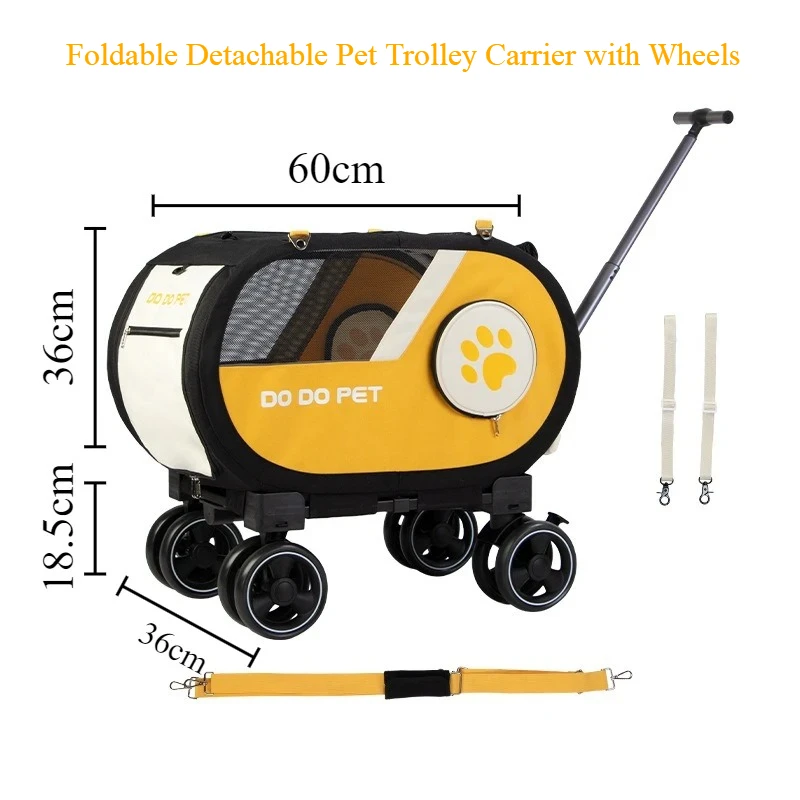 Foldable Detachable Pet Trolley Carrier with Wheels, Transparent Breathable Large Space Dog Cat Travel Bag for Outdoor Trip