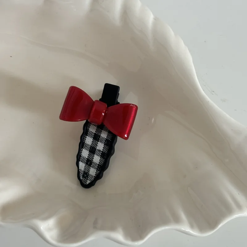 Sweet plaid acetic acid bow hairpin pair cute black duckbill clip bangs clip new hair accessories