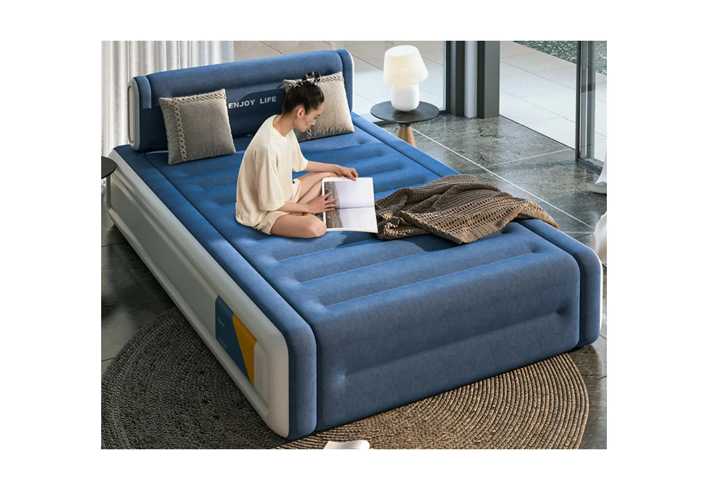 Flocked Automatic Inflatable Air Mattress Air Bed with Movable Backrest with Built-in Battery Pump