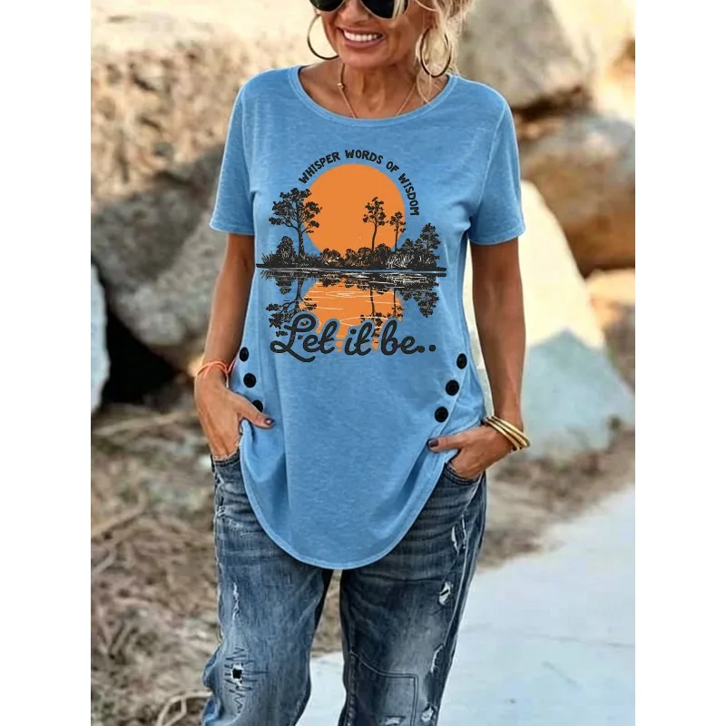 ilstile Women's Sunset Print T-Shirts Summer Hippie Short Sleeve Casual Loose Round Neck Tops White Blue Tees Hot Sale