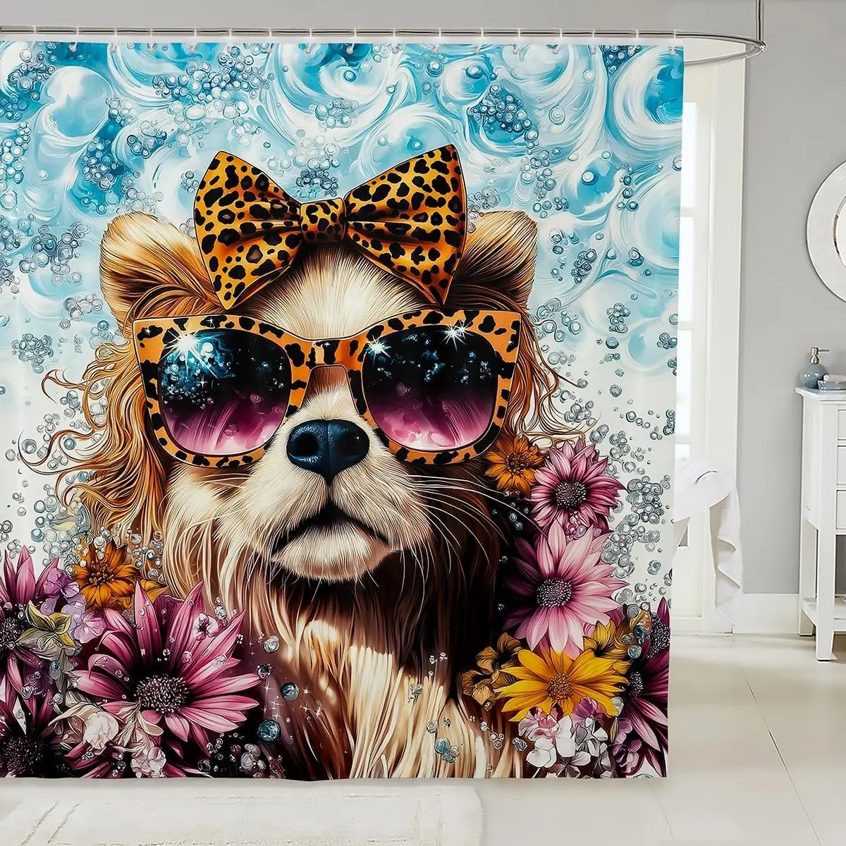 

Занавеска для душа с милой собакой для декора ванной комнаты, цветочная занавеска для ванны, аксессуары для ванной комнаты для собак в фермерском доме, леопардовый бант, водонепроницаемая