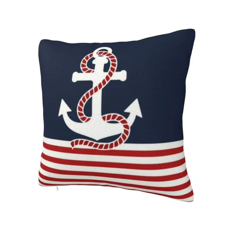 Custom Navy Blue Stripes Nautical Anchor Boat Cushion Cover Sofa Decoration Square Throw Pillow Cover