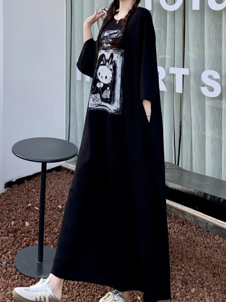 プラスサイズのマタニティドレスロング半袖 Tシャツドレス韓国スタイルルーズカジュアルレディースドレスミッドレングス夏のファッション