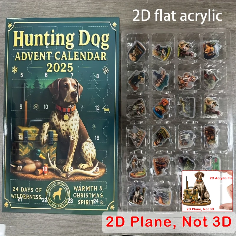 

2D Flat Hunting Dog Advent Calendar 2025 Hunting Life Themed Acrylic Ornaments with Retrieving Prey Santa Designs Christmas