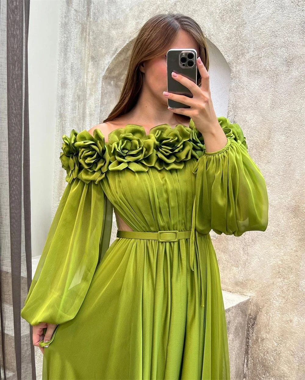 Customized Jiayigong Elegant Off-the-shoulder A-line Celebrity Flowers Draped Chiffon Occasion Evening Gown فساتين السهرة vest