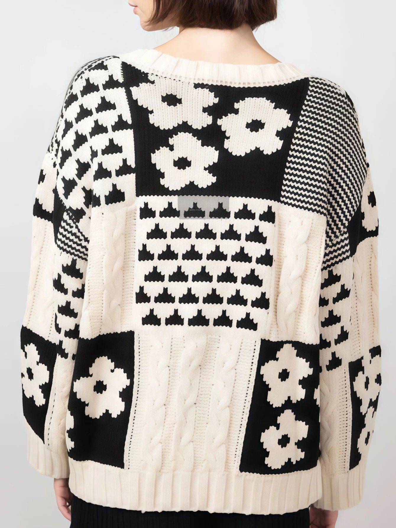 Dames casual losse ronde hals trui vierkant bloemenpatroon Europese en Amerikaanse stijl herfst winter mode