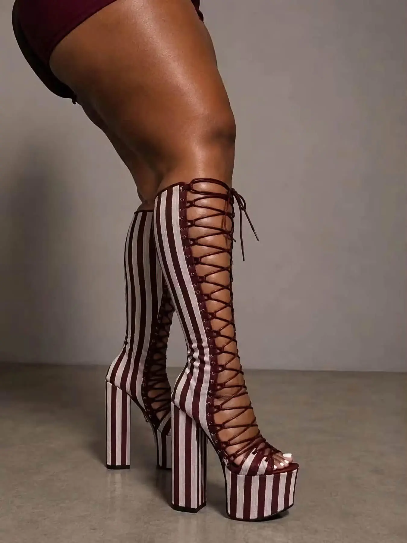 Chic stripes red/blue platform lace up high boots summer new in plus size sexy chunky heel open toe 2026 sandal boot for women