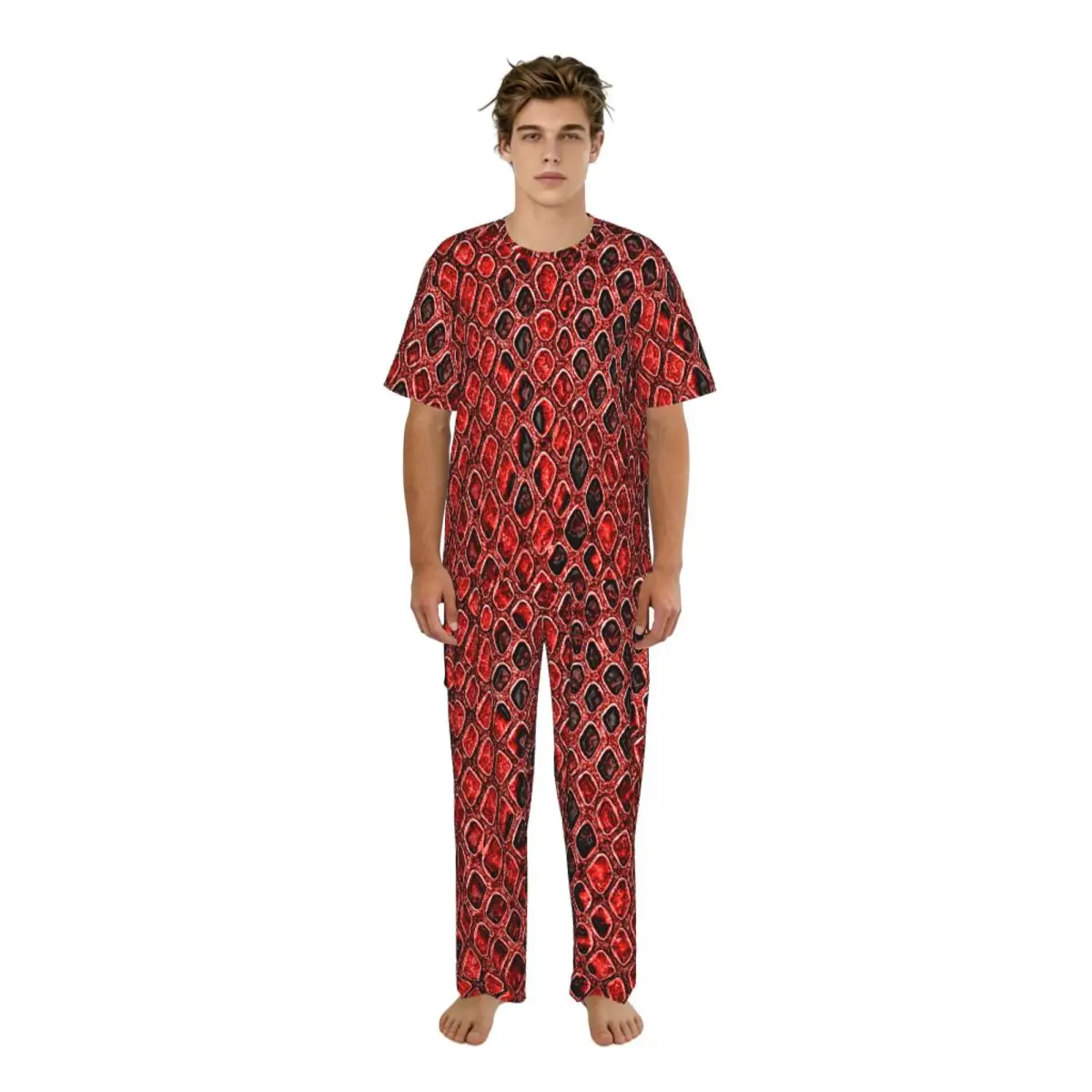 

Men's Pajamas Set Summer Short-Sleeve Tops + Long Pants Nightwear Home Wear Suits Snake Skin Red Background Sleepwear