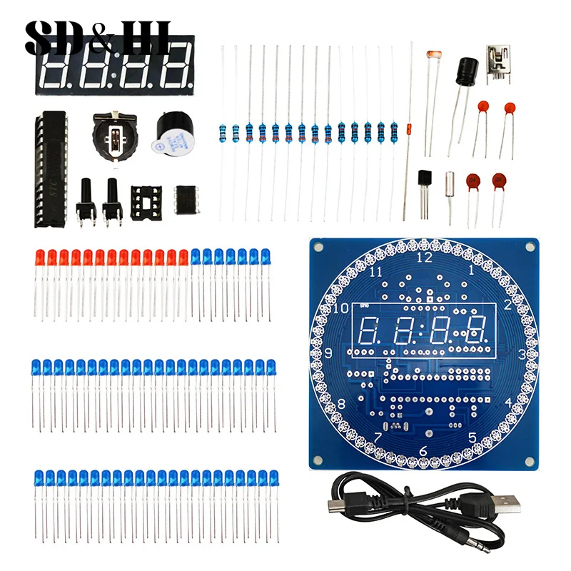 DIY Rotating Digital LED Display Module Alarm Electronic Digital Clock Kit 51 SCM Learning Board LED Light-controlled Alarm