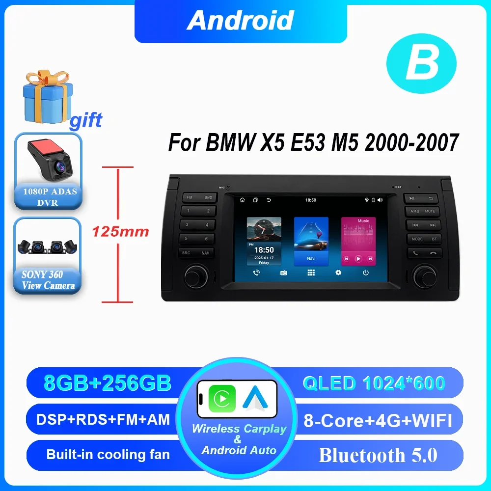 7 Inch Draadloze CarPlay Android Auto Radio Voor BMW 5 Serie E39 X5 E53 M5 1996-2003 Auto multimedia GPS 2din DVD Autoradio 4G DSP