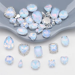 40pcs/bag Mix Shapes Silver Claw Flatback Four Hole Light Color Glass Crystal Sew on Rhinestone Wedding Dress Shoes Bag DIY Trim