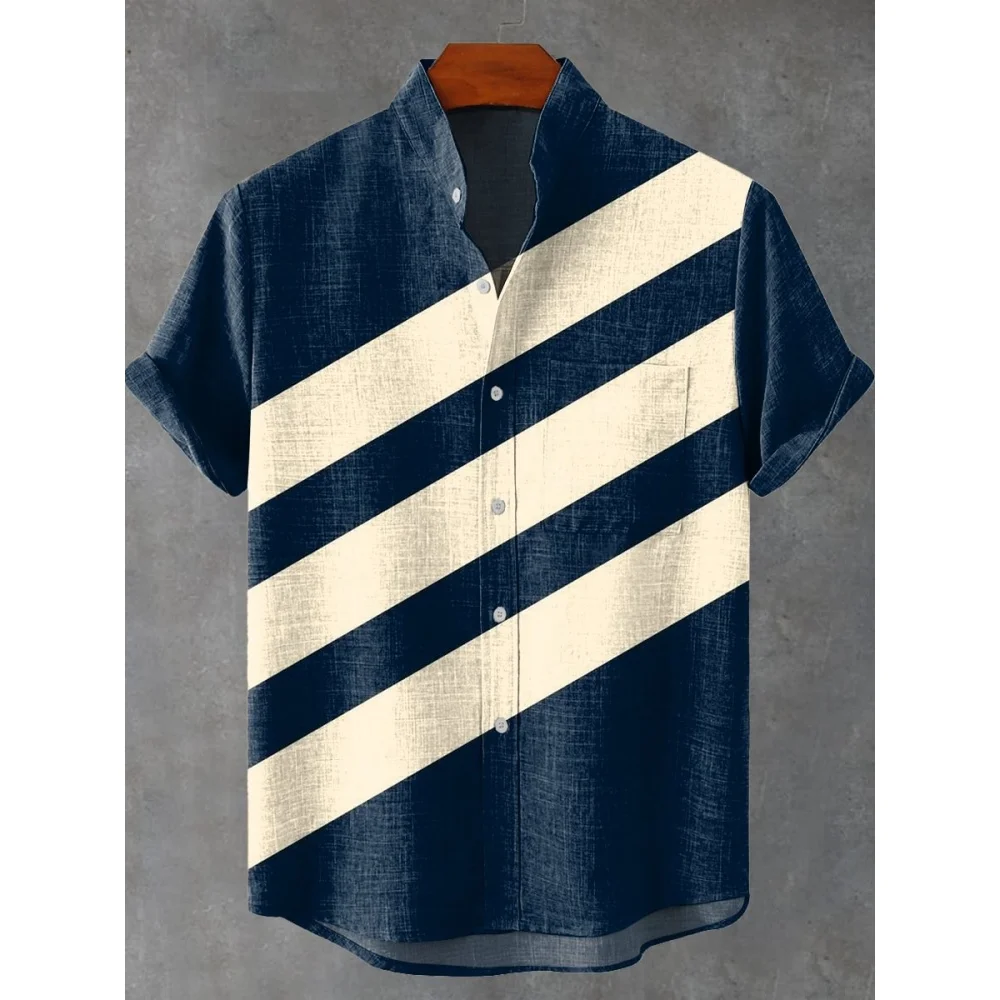 

Striped pattern men's short sleeved shirt printed shirt with ethnic style unique copy linen men's shirt comfortable