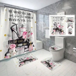 4pcs Romantic Printed Bathroom Set Including Shower Curtain Toilet Seat Cover, U-Shape Rug, Bath Mat, Waterproof Bathtub Curtain
