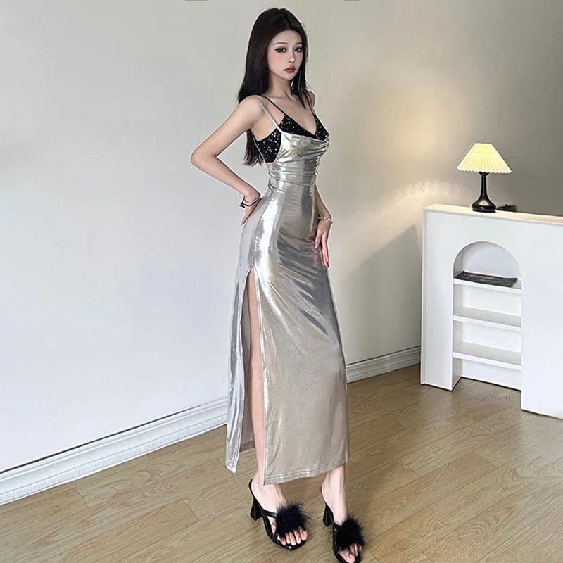 Seksowna, dopasowana, błyszcząca sukienka midi na ramiączkach damska moda Y2K gorące dziewczyny patchworkowa obcisła sukienka koreańska odzież uliczna impreza klub Vestidos nowa