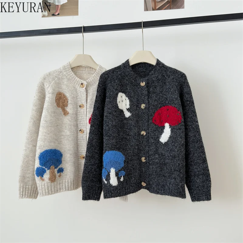 

Sweet Bear Round Neck Mushroom Jacquard Knitted Sweater Women's Loose Fit Autumn Winter New Style Open Cardigan Coat Tops Jumper