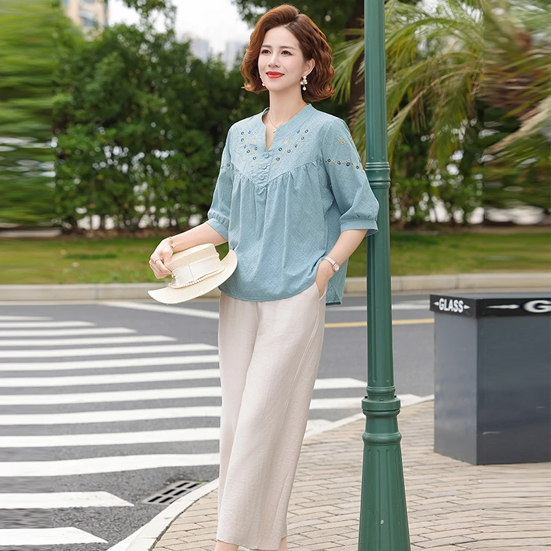Cotton Embroidered Women's Set T-shirt+Pants Summer Home Two Piece Set Spring Luxury Plus Size New Outdoor Fashion 5