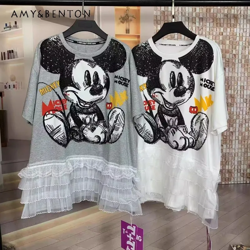 

2025 Summer New Lace Splicing Heavy Industry Beads Cartoon Top Dreess Medium and Long Loose Short-sleeved T-shirt Y2k Pullovers