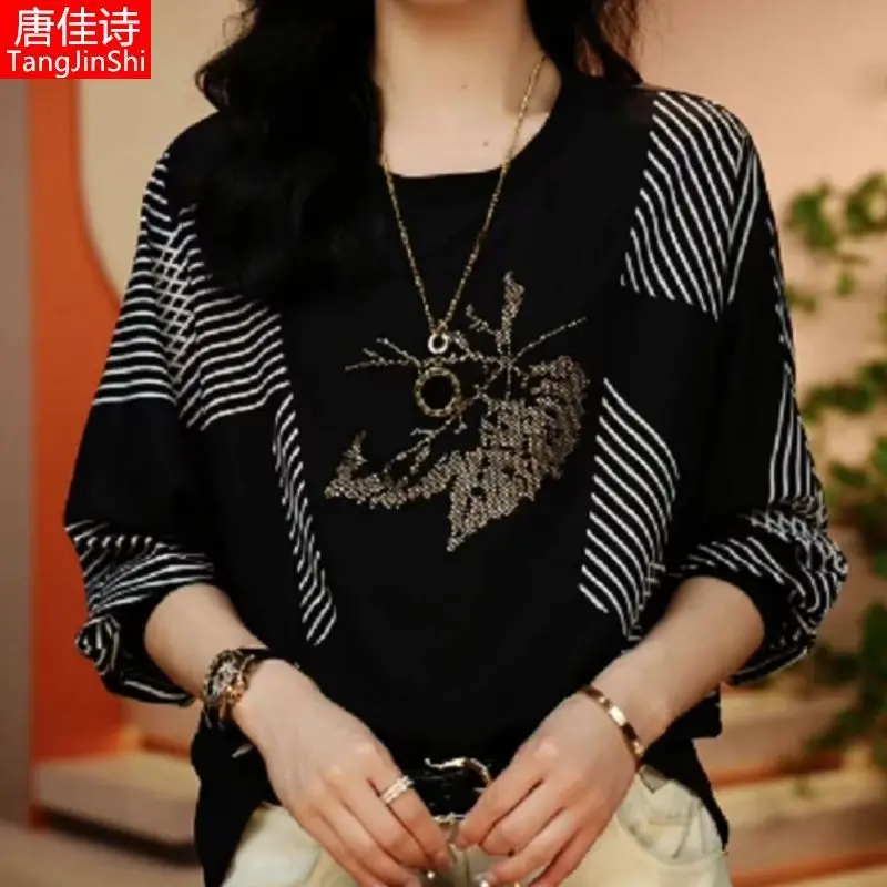 ฤดูใบไม้ร่วงแฟชั่นรอบคอSequinedแขนยาวเสื้อผู้หญิงElegant High-End BellyครอบคลุมSlimmingเสื้อยืดTop