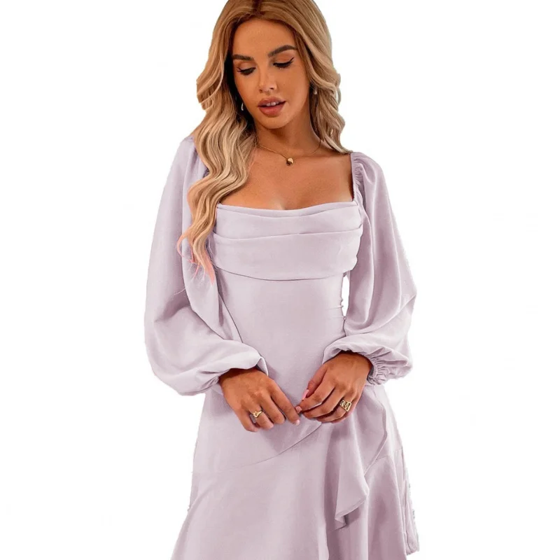 YQ1-Women's Fresh and Sweet Vacation Ruffled Collar Puff Sleeve Waist-Cinching Long Sleeve Dress Short Dress