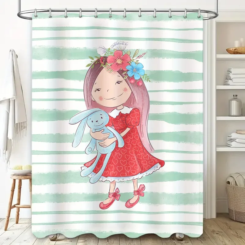 

Акварель мультфильм девушка кролик синяя полосатая занавеска для душа для декора ванной комнаты детская комната украшения дома аксессуары зеленый белый