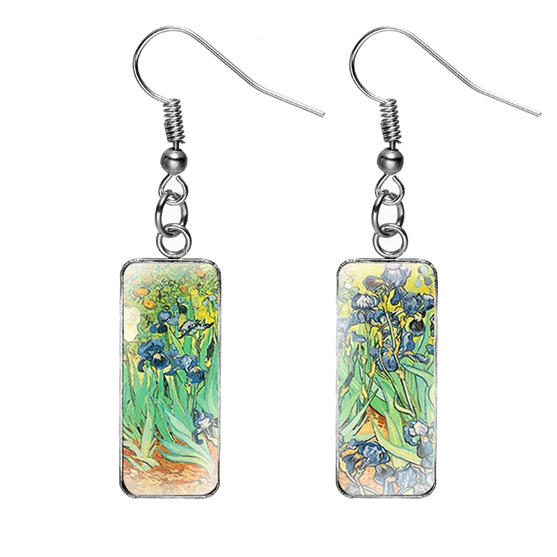 Van Gogh Earrings Jewelry Rectangle Stainless Steel Glass The Starry Night Drop Earrings For Women Girls