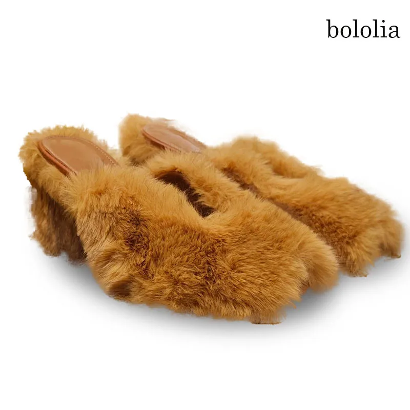 BOLOLIA high quality pure wool and sheepskin platform woman high heels fashion wool slippers elegant shoes