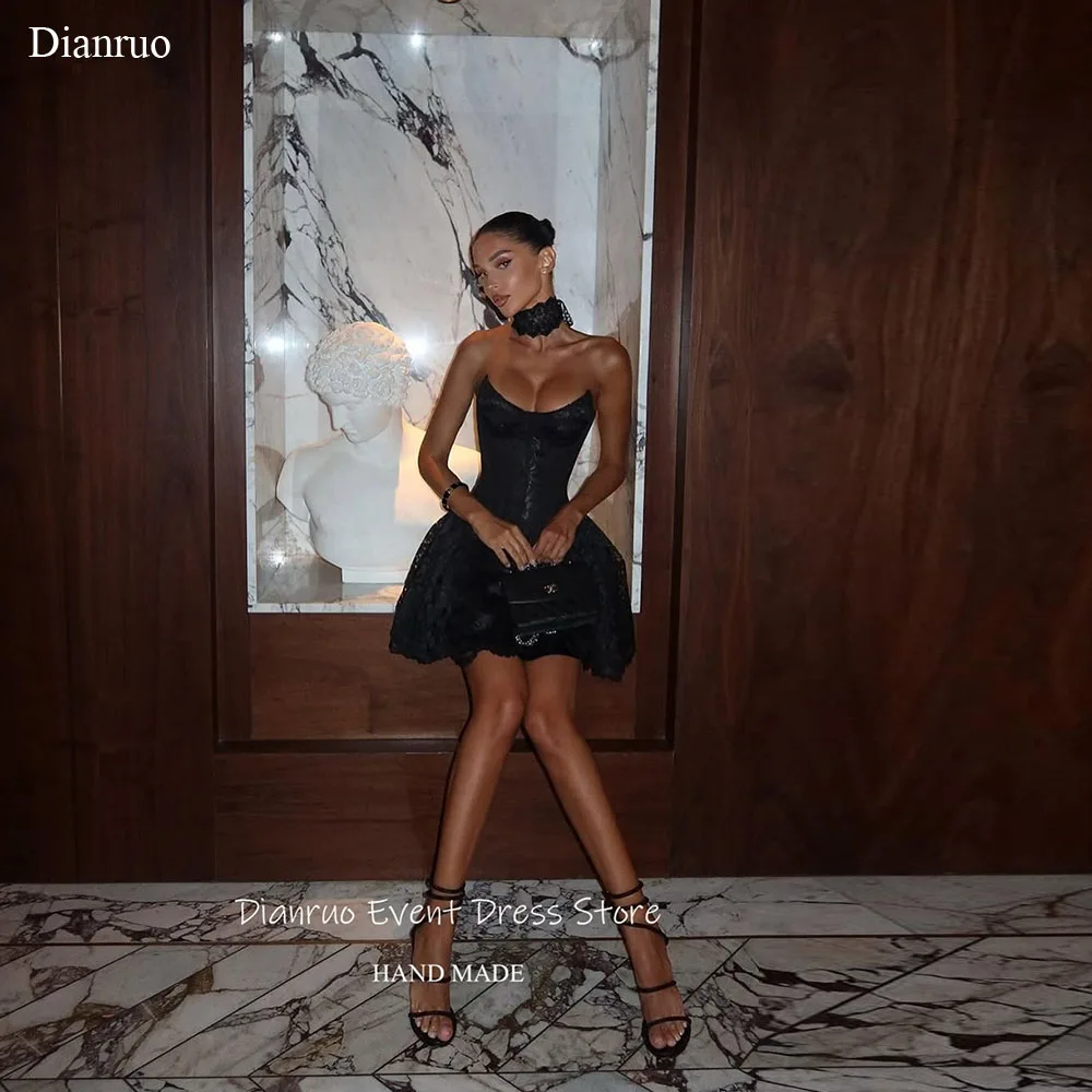 

Dianruo Appliques Sexy Lace Strapless Homecoming Dresses Black Short Dress Party Night Lace Up Back Cocktail Dresses Customized
