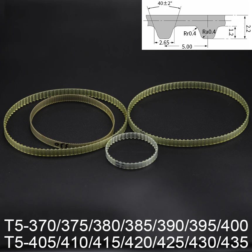 T5-370/375/380/385/390/395/400/405/410/415/420/425/430/435 5mm Pitch T5 PU Steel Wire Trapezoidal Cogged Synchronous Timing Belt