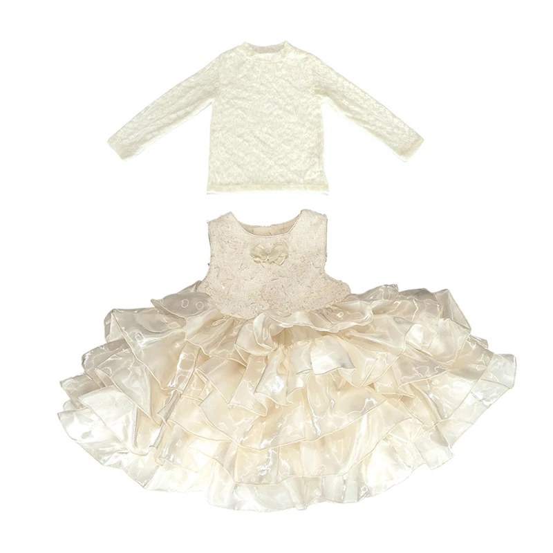 2026 Autumn Little Girls Dresses Princess 2 Piece Clothes Set Lace Long Sleeve Blouse Ruffle Cake Dress Large Bow Wedding Dress