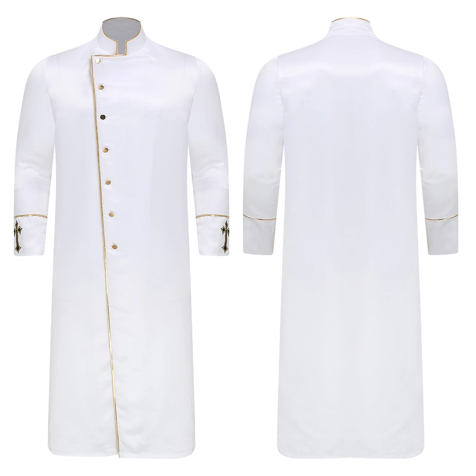 

Men Halloween Churchman Priest Clergy Role Play Robe Cross Embroidery Metallic Shiny Trim Cassock Jackets for Preachers Robes