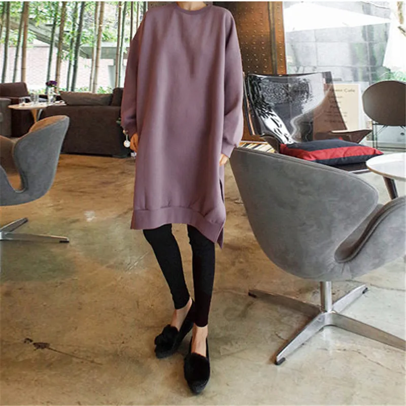 Johnature 2024 New Solid Color Women Sweatshirts Autumn Winter Long Slits Loose O-neck Pullover Female Hoodies
