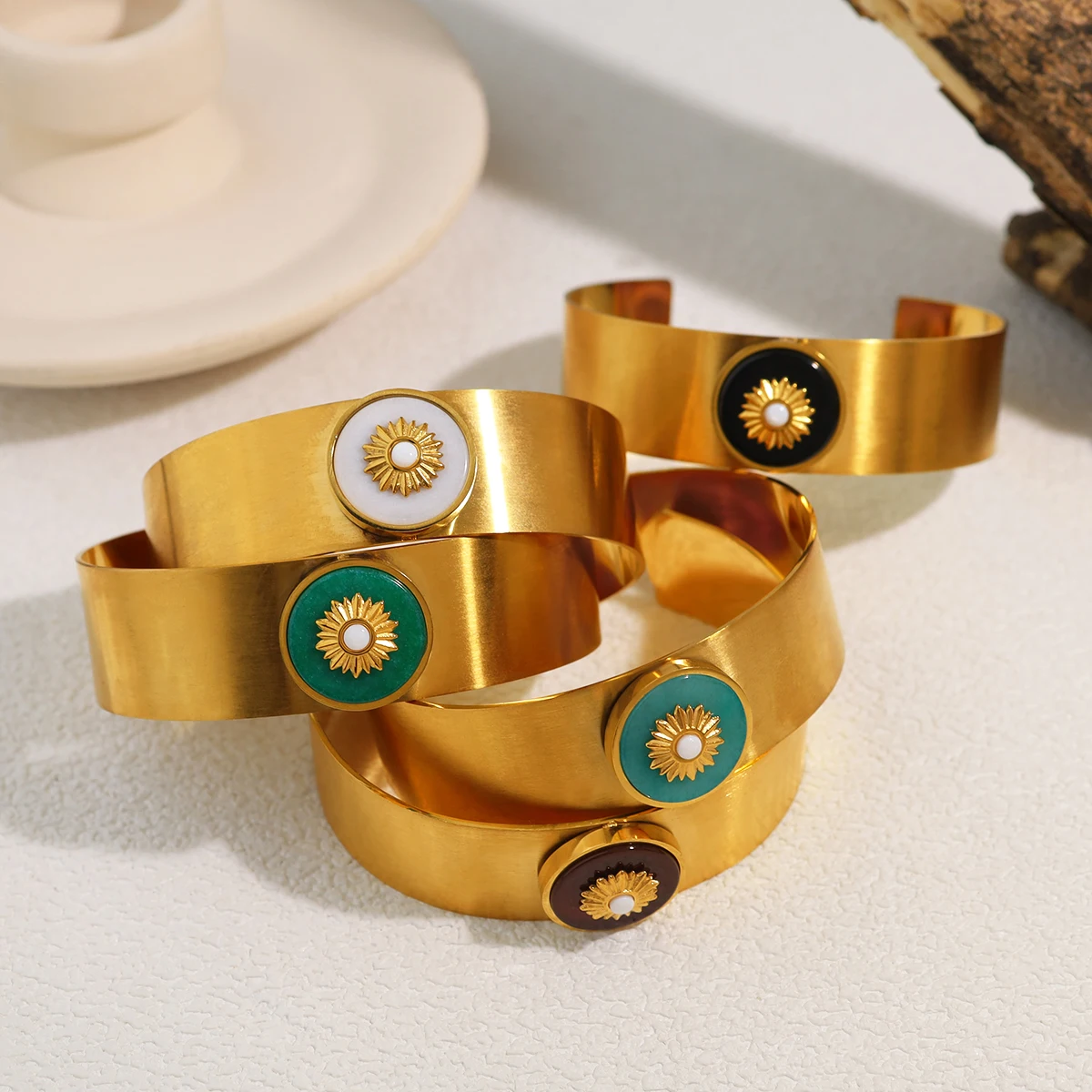 WILD & FREE Retro Stainless Steel Wide Cuff Bracelets for Women 18K Gold Plated Luxury Acrylic Charm Waterproof Jewelry