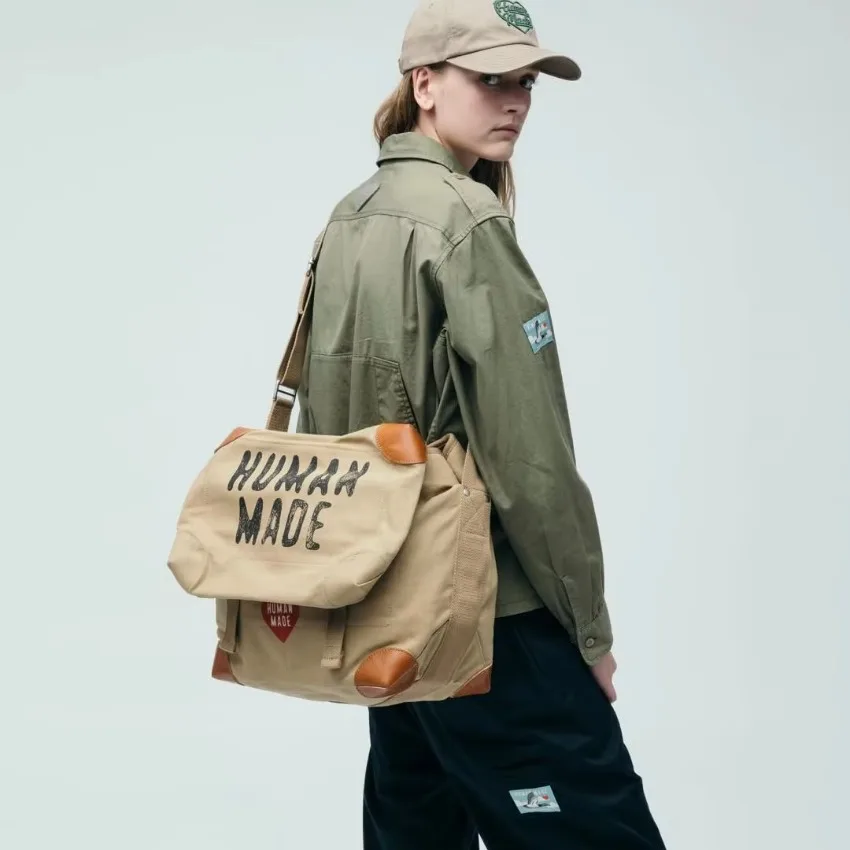 HUMAN MADE Faux Leather Vintage Canvas Clamshell Messenger Bag Unisex Crossbody Shoulder Retro Japanese