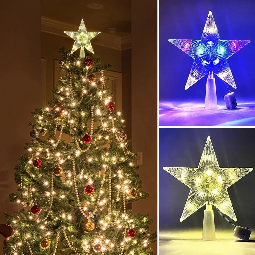 15CM Xmas Tree Transparent Five-pointed Star Ornament Glowing Christmas Tree Topper Star Topper with LED Light for Home Decor