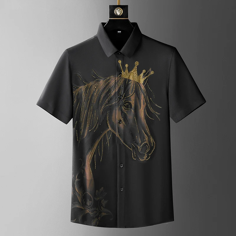 

Luxury Crown Horse Rhinestones Shirts Men Summer Short Sleeve Slim Casual Shirt Vintage Business Social Party Tuxedo Blouse 2023