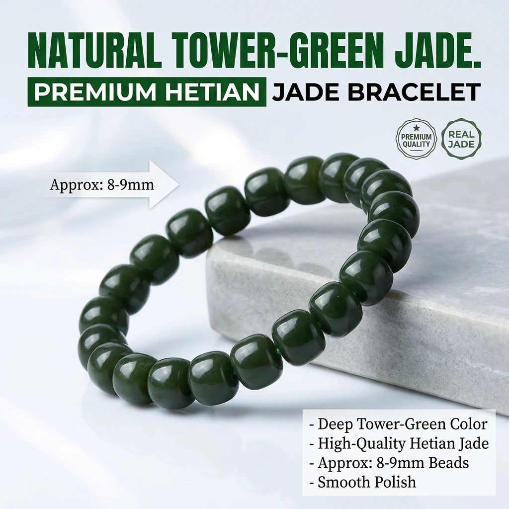 8-9mm Natural Black Green Hetian Nephrite Jade Bracelet Barrel Cut Beads Stretch Jewelry for Women Men Root Chakra Grounding