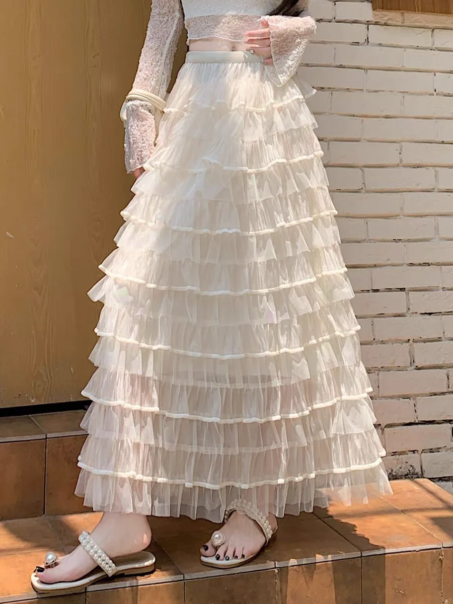 Damska długa spódnica maxi z tiulu z wysokim stanem, letnia spódnica warstwowa z drapowanymi warstwami, elegancka spódnica szyfonowa w kształcie litery A.