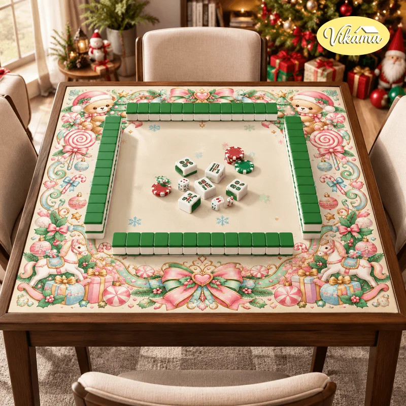 ChristmasBear Mahjong Table MatNon Slip FoldableKids Family Game NightLiving Room Holiday DecorHoliday