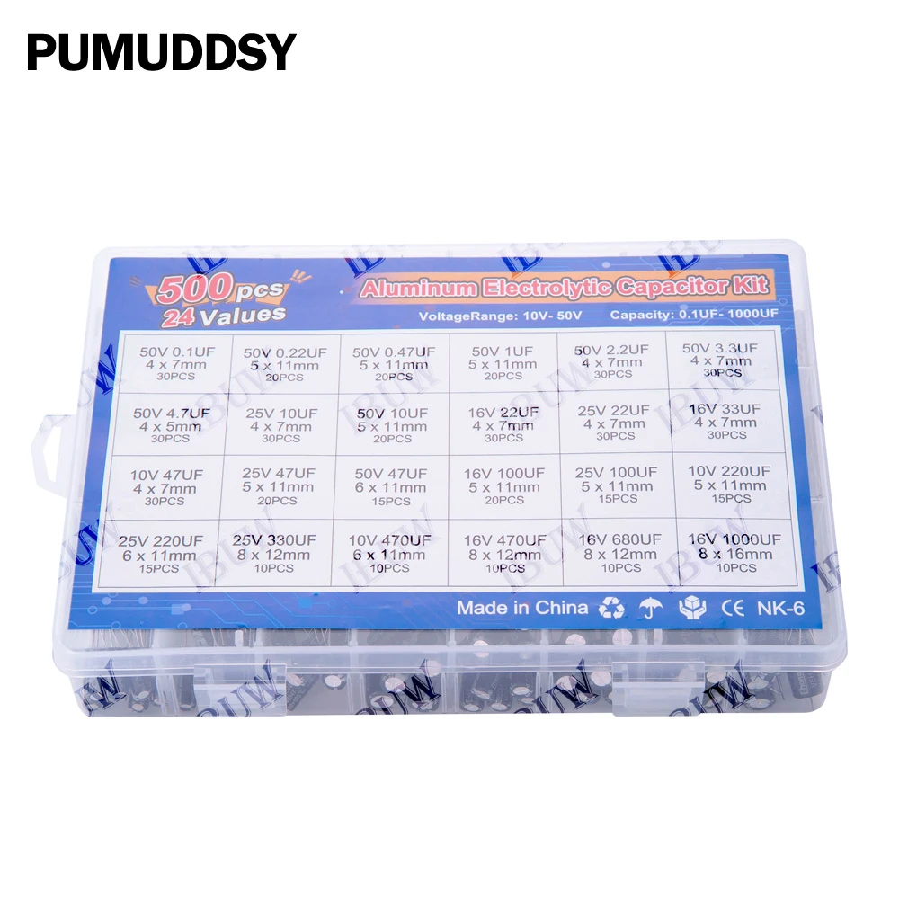 

500 шт./лот, набор электролитических конденсаторов 16-50В, ассортимент и кейс для хранения, 0.1-1000 мкФ, 24 значения, алюминиевые электролитические конденсаторы