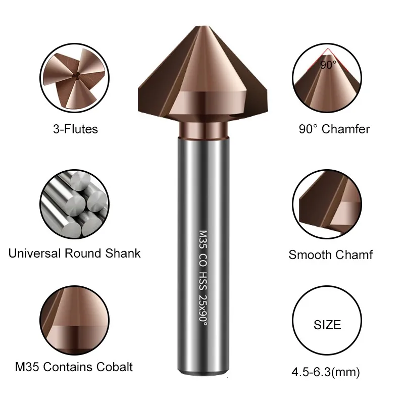 SHAZAM Tungsten Steel Carbide 3-Flutes 90-Degrees Chamfering Cutter 4.5mm-35.0mm Containing Cobaltbit Countersunk Drill Bit