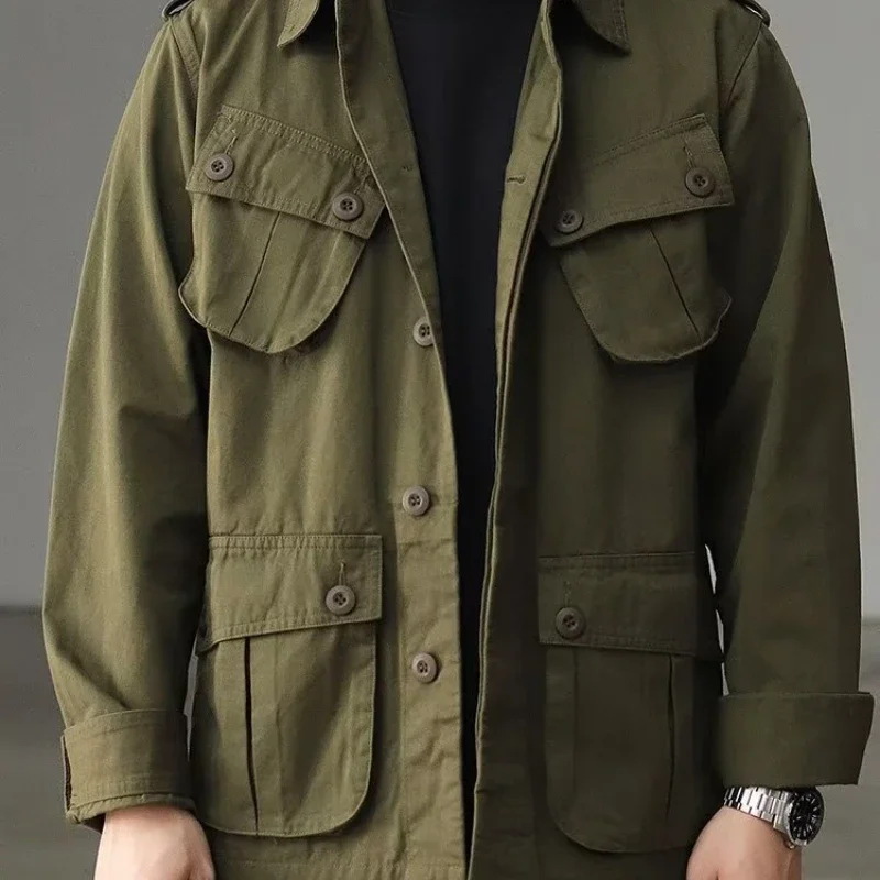 Multi-Pocket Cargo Jacket Men Tactics Solid Color Retro Casual Safari Style Loose Lapel Jackets M42 Casual Retro Outerwear New