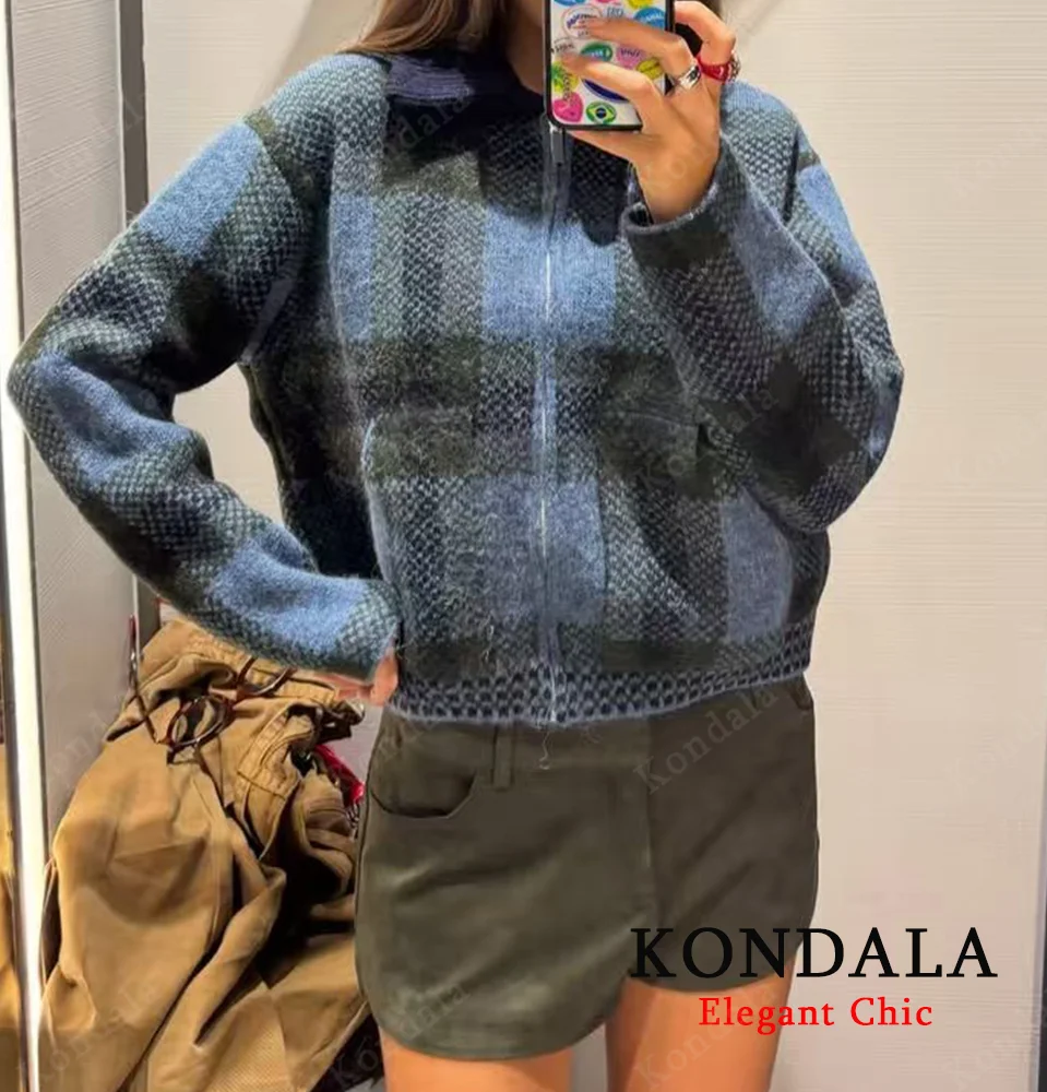 

KONDALA Elegant Knitted Jacket Women's Plaid Zipper Cardigan 2025 Fall Winter Fashion Casual Classic Ladies Outwear Knitted Tops