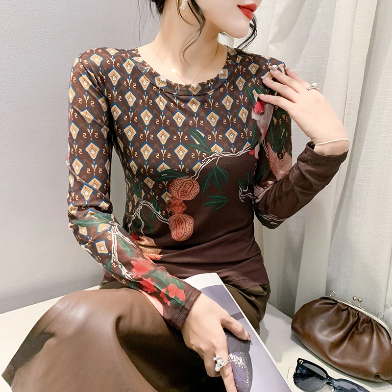 

2024 New Spring Summer Korean Clothes T-Shirt Chic Sexy O-Neck Print Women Tops Long Sleeve Bottoming Shirt Elastic Tees 41124