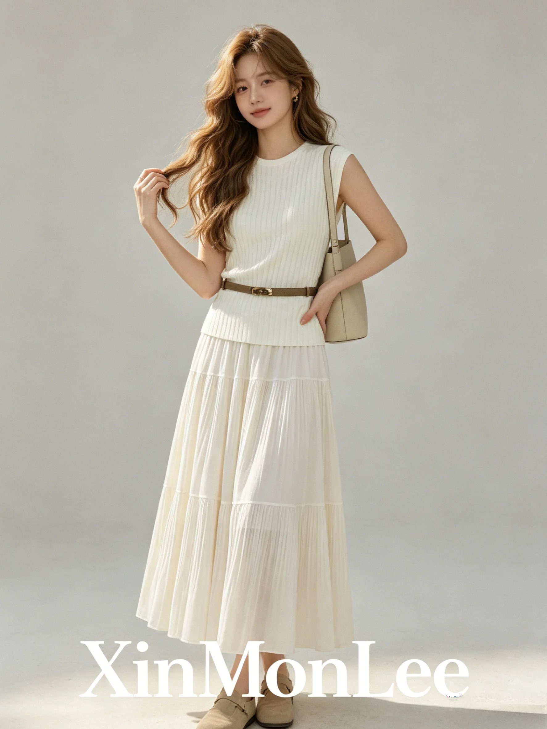 

Korean Style Soft Casual Sleeveless Oats Knitted Vest High Waist Pleated Skirt Two Piece Set Fashionable All Match Summer