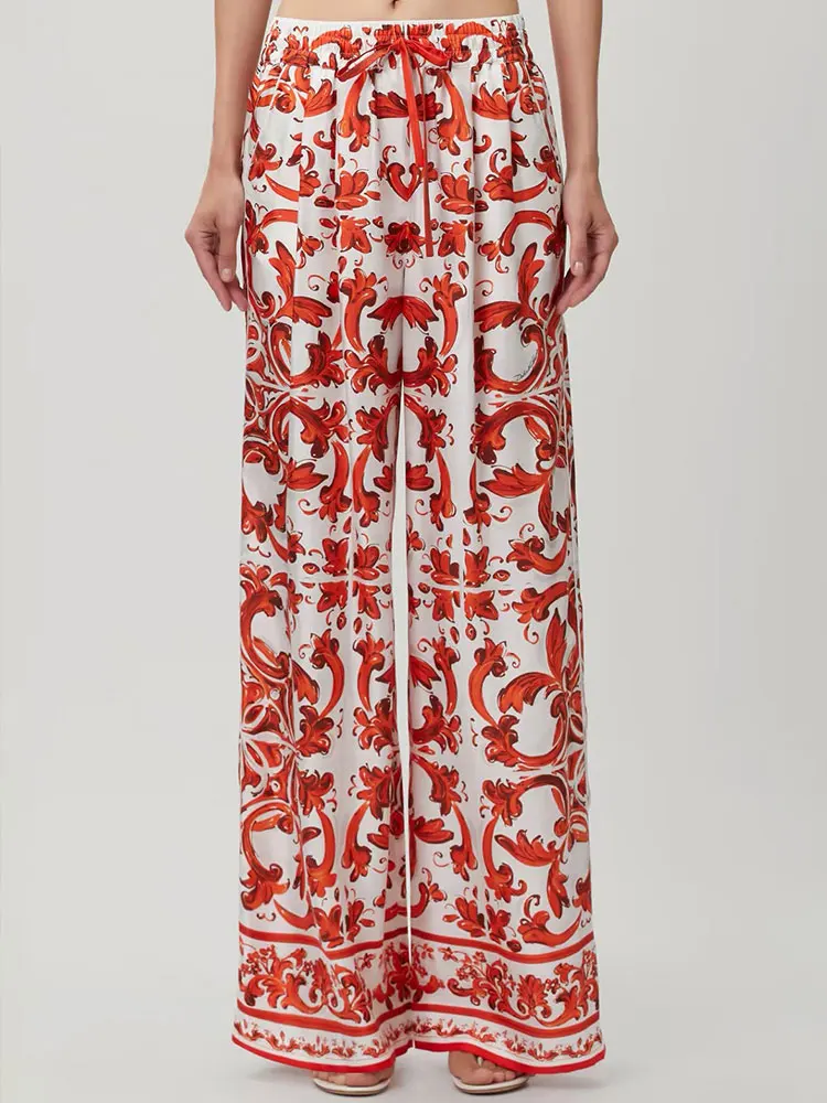 Retro 2026 Spring and Autumn New Printed Wide-leg Pants with High Waist Pendant Bohemian Pants Fashion Joker Holiday Straight Pa