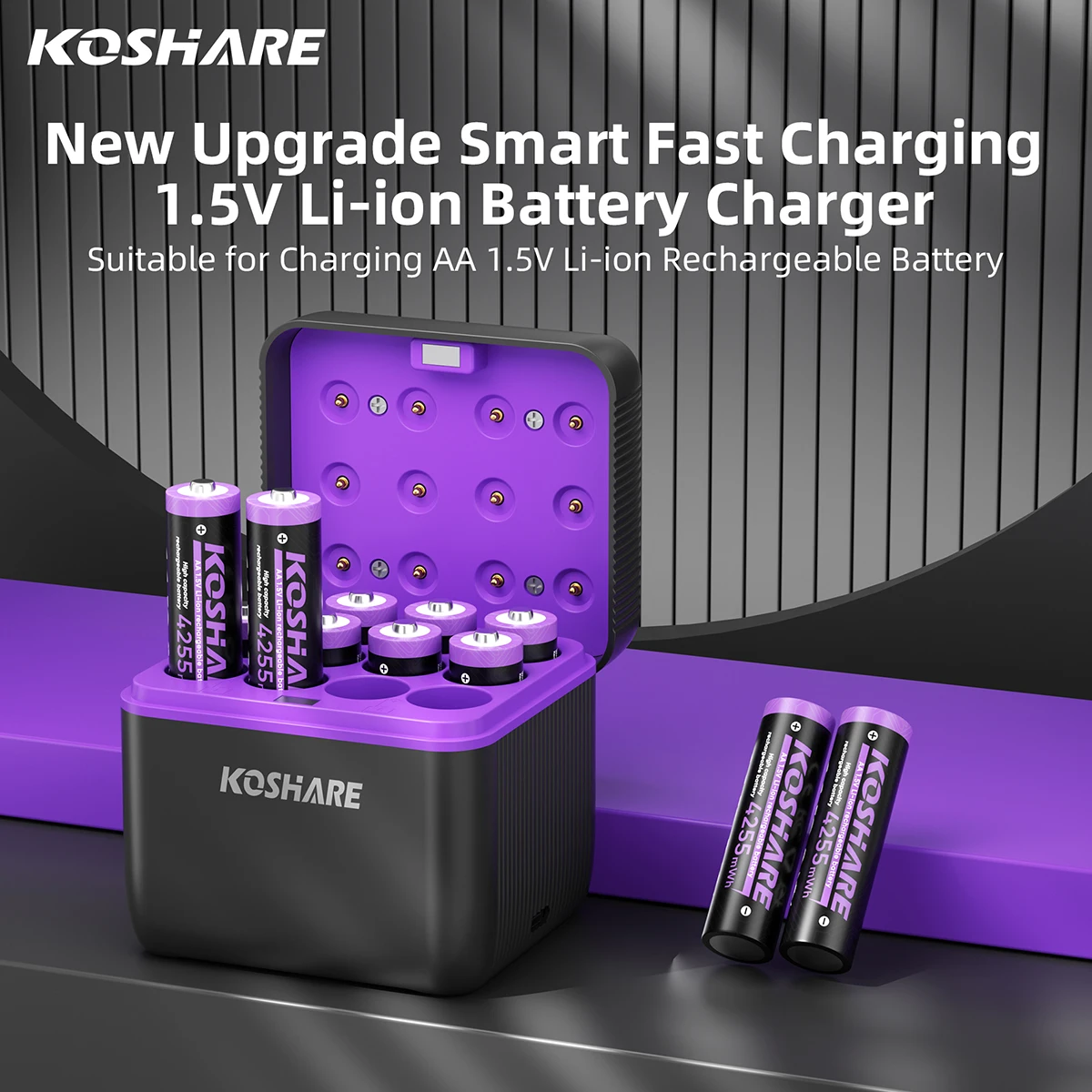 

KOSHARE 4255 mWh AA Rechargeable Lithium Battery 1.5V Constant Voltage 12-Slot Arc-look Smart LED Display Batteries Charger Case