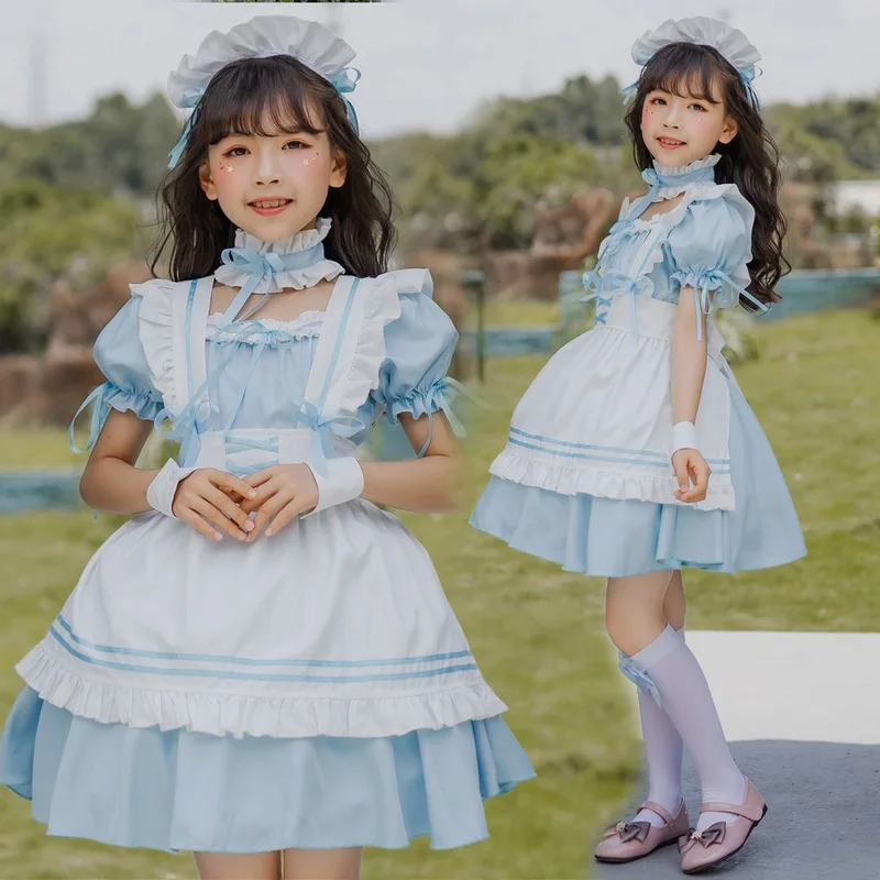 ブルーガールズメイドドレス子供ロリータかわいいロリータドレス子供プリンセスドレスロリータ十代のスタイル甘い女の子ロリータ